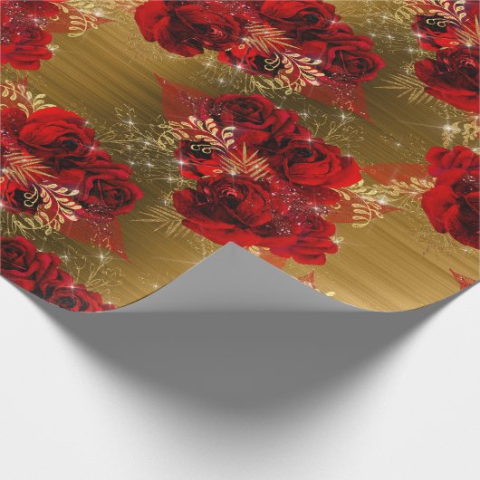 レッドローズバンチスパーキーフローラグリッター金ゴールドMetall ラッピングペーパー (角)