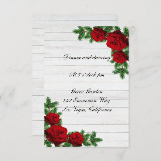 レッドローズパインブランチクリスマスウェディングレセプション 招待状 (正面/裏面)