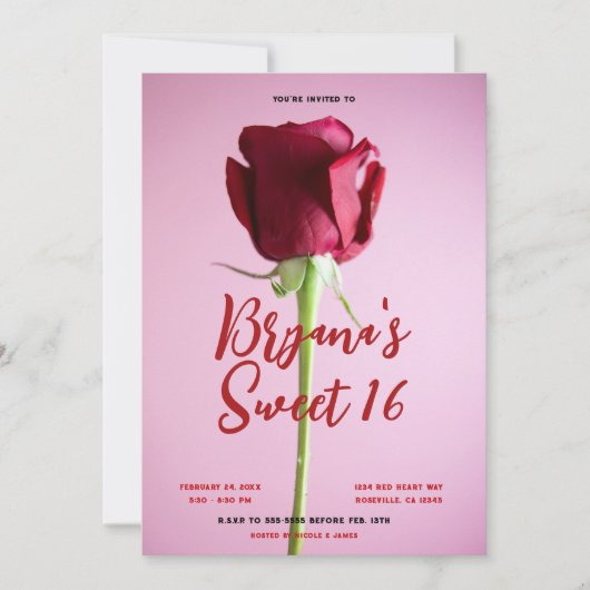 レッドローズピンクスウィート16誕生日パーティー 招待状 (正面)