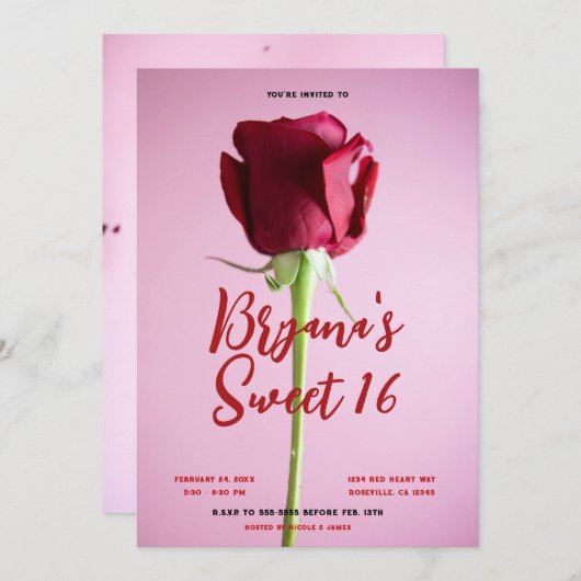 レッドローズピンクスウィート16誕生日パーティー 招待状 (正面/裏面)