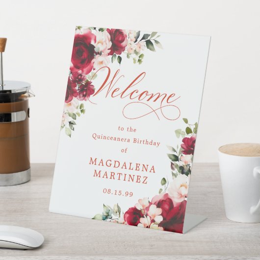 レッドローズピンクピーニーキンセアニェラ誕生日歓迎 台座サイン (インサイチュ)