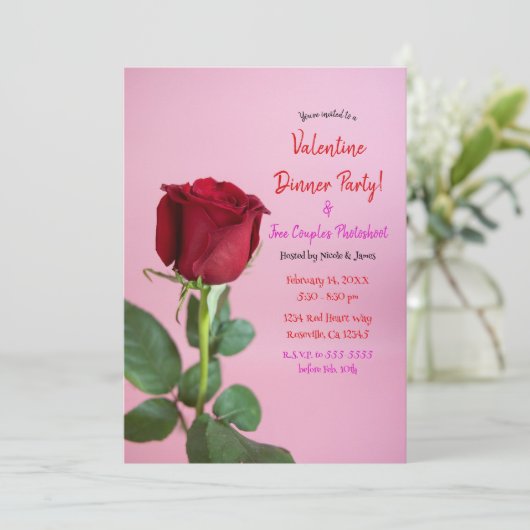 レッドローズピンクフローラディナーパーティーイベント誕生日 招待状 (スタンド正面)