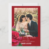 レッドローズフォトフラット日付カードを保存 セーブザデート (正面)