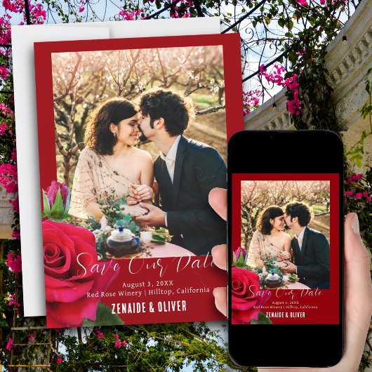 レッドローズフォトフラット日付カードを保存 セーブザデート