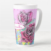 レッドローズフラワーウォーターカラフルカラーピンクアート カフェラテマグ (右アングル)