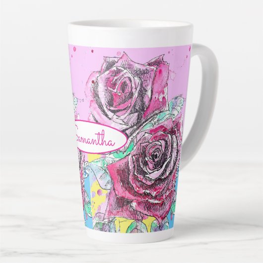 レッドローズフラワーウォーターカラフルカラーピンクアート カフェラテマグ (右アングル)