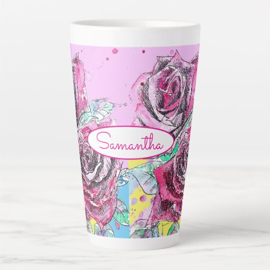 レッドローズフラワーウォーターカラフルカラーピンクアート カフェラテマグ (正面)