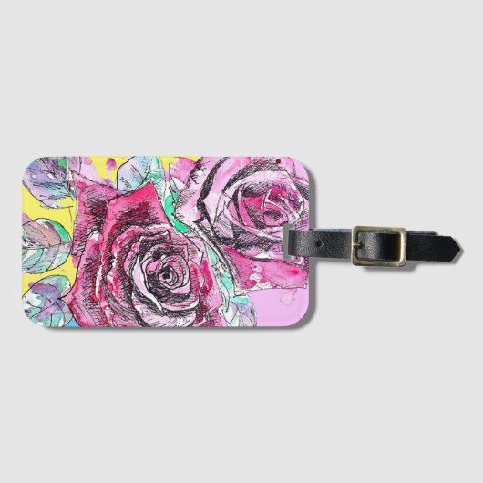 レッドローズフラワーウォーターカラーカラフルアート ラゲッジタグ (正面横)
