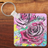 レッドローズフラワーウォーターカラーピンクアーカラフルト キーホルダー (正面)