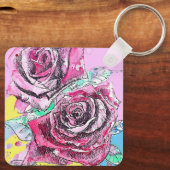レッドローズフラワーウォーターカラーピンクアーカラフルト キーホルダー (裏面)