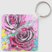 レッドローズフラワーウォーターカラーピンクアーカラフルト キーホルダー (裏面)