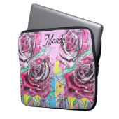 レッドローズフラワーウォーターカラーピンクアーカラフルト ラップトップスリーブ (正面左)