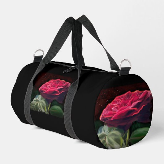 レッドローズフラワーグリーンブラックアートフローラ花 ダッフルバッグ (左コーナー)