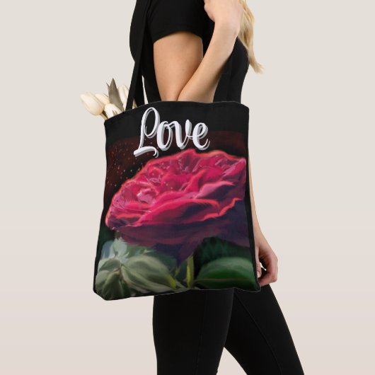 レッドローズフラワーグリーンブラックアートフローラ花 トートバッグ (クローズアップ)