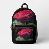 レッドローズフラワーグリーンブラックアートフローラ花 プリントバックパック (正面)