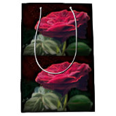 レッドローズフラワーグリーンブラックアートフローラ花 ミディアムペーパーバッグ (正面)