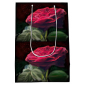 レッドローズフラワーグリーンブラックアートフローラ花 ミディアムペーパーバッグ (裏面)