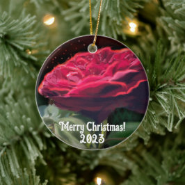 レッドローズフラワーグリーンブラックアートフローラ セラミックオーナメント