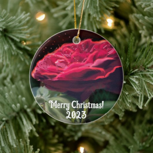 レッドローズフラワーグリーンブラックアートフローラ セラミックオーナメント (ツリー)