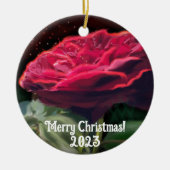 レッドローズフラワーグリーンブラックアートフローラ セラミックオーナメント (正面)