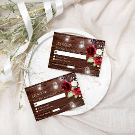 レッドローズフラワーズ素朴ウッドウェディングRSVPカード 出欠カード