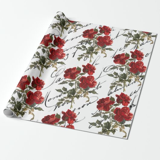 レッドローズフラワーヴィンテージフランスのスクリプトバレンタイン ラッピングペーパー (アンロールド)