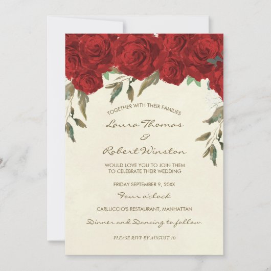レッドローズフローラアイボリー結婚式招待状 招待状 (正面)