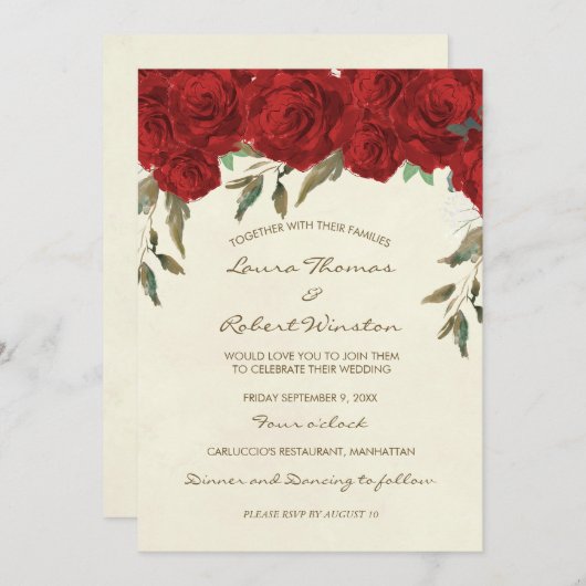 レッドローズフローラアイボリー結婚式招待状 招待状 (正面/裏面)