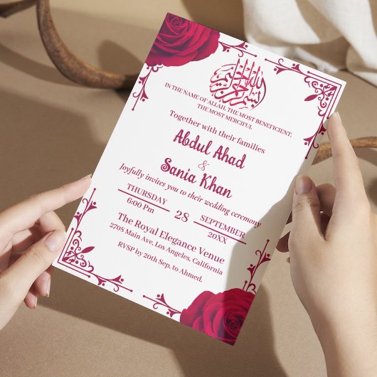 レッドローズフローライスラム結婚教徒 招待状