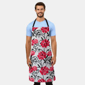 レッドローズフローライラストレーションパターンデザイン エプロン (着用した状態)