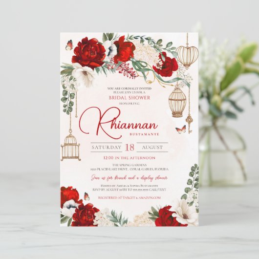 レッドローズフローラエレガントガーデンブライダルシャワー 招待状 (スタンド正面)