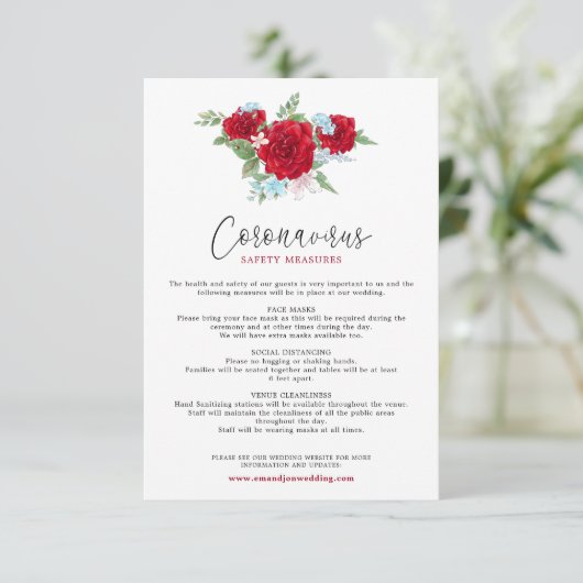 レッドローズフローラエレガントスクリプトコロナウイルスの安全性 エンクロージャーカード (スタンド正面)