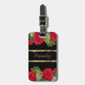 レッドローズフローラオンブラック ラゲッジタグ (正面縦)