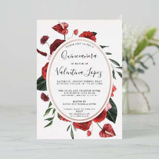 レッドローズフローラキンセアニェラエレガント金ゴールド 箔招待状 (立ち正面)