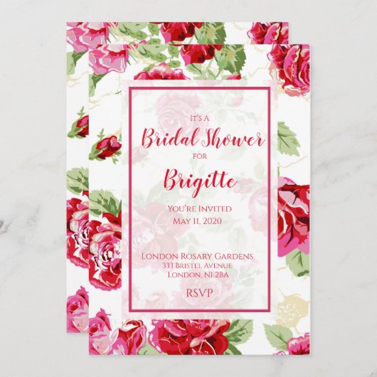 レッドローズフローラクラシックプリントブライダルシャワー 案内状 (正面/裏面)