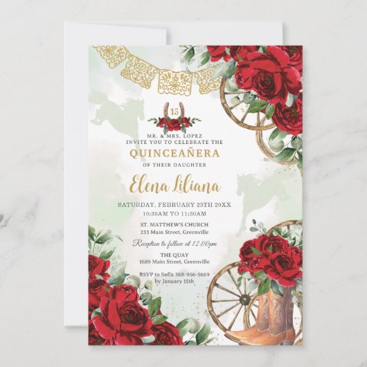 レッドローズフローラシャーロブーツスウィート16キンセアニラ 招待状 (正面)