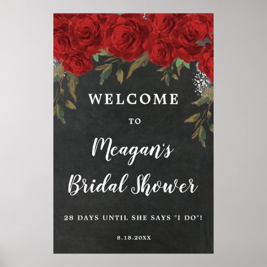 レッドローズフローラブライダルシャワーウェルカムサイン ポスター (正面)