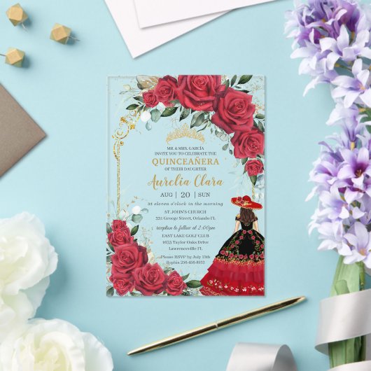 レッドローズフローラブラックチャロドレスキンセアニラ アクリル招待状 (インサイチュ (ウェディング))