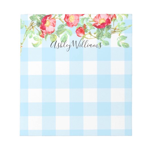 レッドローズフローラブルーバッファロープレイドスクリプトモノグラム ノートパッド (正面)