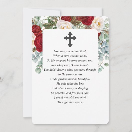 レッドローズフローラ水彩葬儀祈りの言葉カード サンキューカード (裏面)