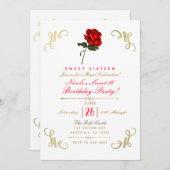 レッドローズフローラ金ゴールドコーナーズスウィート16パーティー 招待状 (正面/裏面)