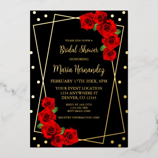 レッドローズブラックアンド金ゴールドブライダルシャワー 箔招待状 (正面)