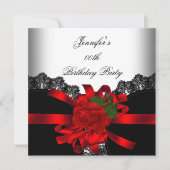 レッドローズブラックレースホワイトシルバーパーティー 招待状 (正面)