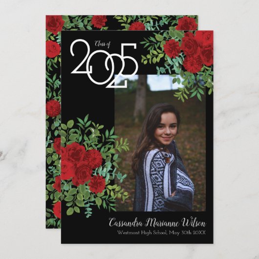 レッドローズブラック写真卒業発表 招待状 (正面/裏面)
