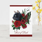 レッドローズブラック妖精子猫グリーティングカード カード (黄色い花)