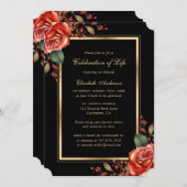レッドローズブラック金ゴールドフォトお祝いオブ・ライフ 招待状 (正面/裏面)