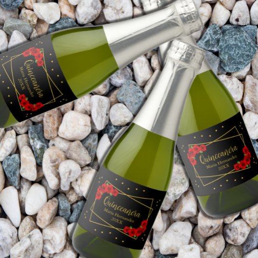 レッドローズブラック&金ゴールドクインセアニラ スパークリングワインラベル