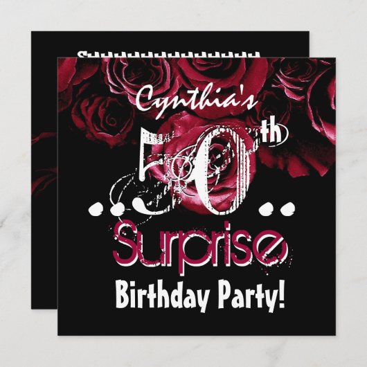 レッドローズブーケ50thサプライズ誕生日B541 招待状 (正面/裏面)