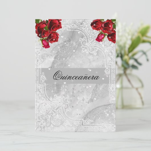 レッドローズホワイトレースハートスターズキンセアニェラ 招待状 (スタンド正面)