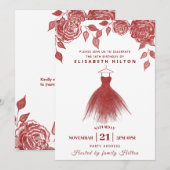 レッドローズモダングリッタードレスsweet sixteen 招待状 (正面/裏面)